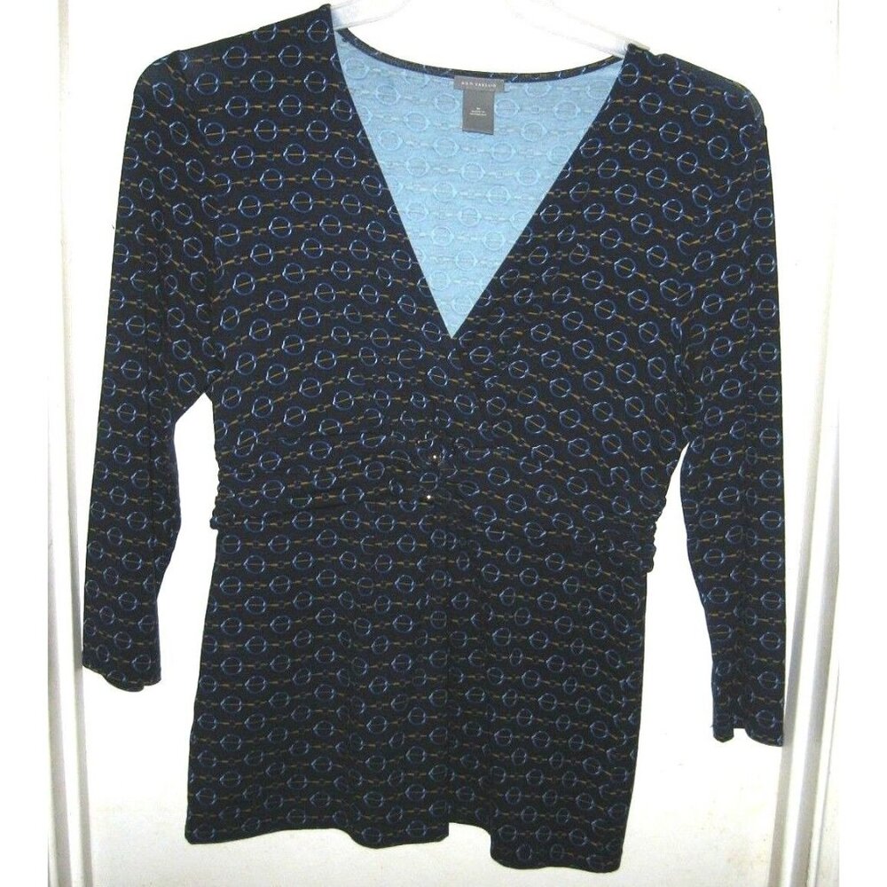 Ann Taylor Blue Gold Geometric V-Neck Top Shirt Blouse M